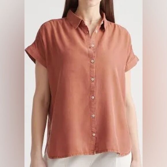 Quince Women’s Short Sleeve Tencel Lyocel Camp Shirt Rust Brown Medium - Picture 1 of 9